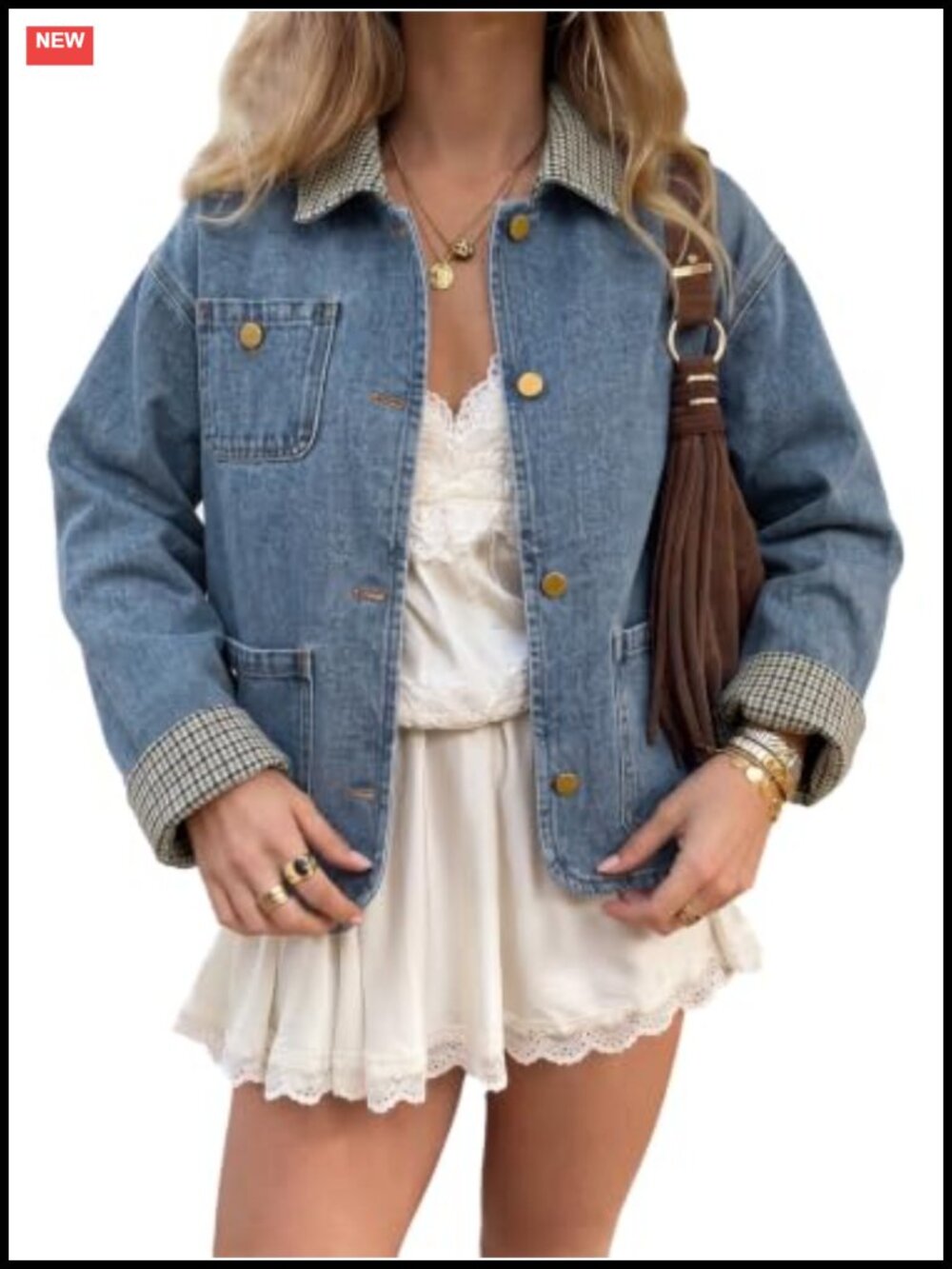 Womens Cropped Denim Jacket Plaid Trim Button Down Jean Coat